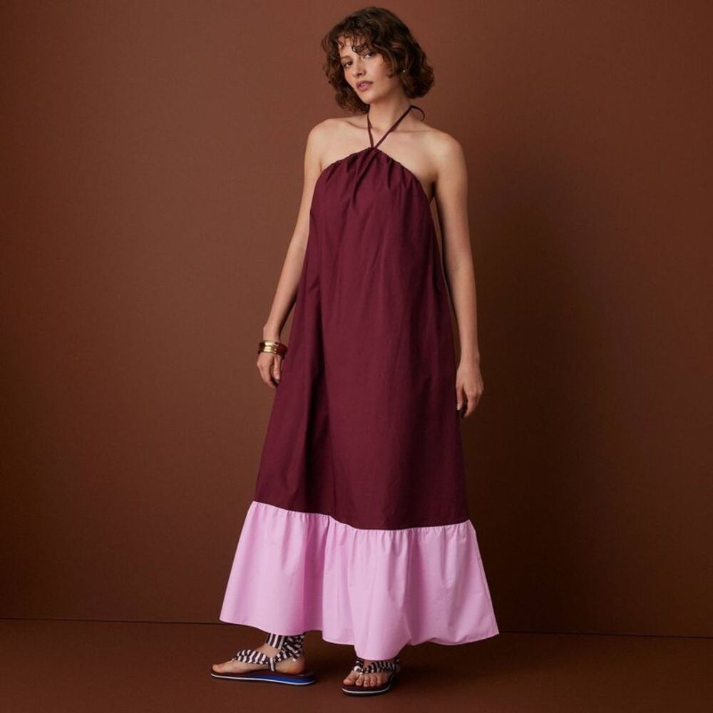 Women's Halter Flounce Colorblock Maxi Dress - Rosie Assoulin Burgundy/Pink L